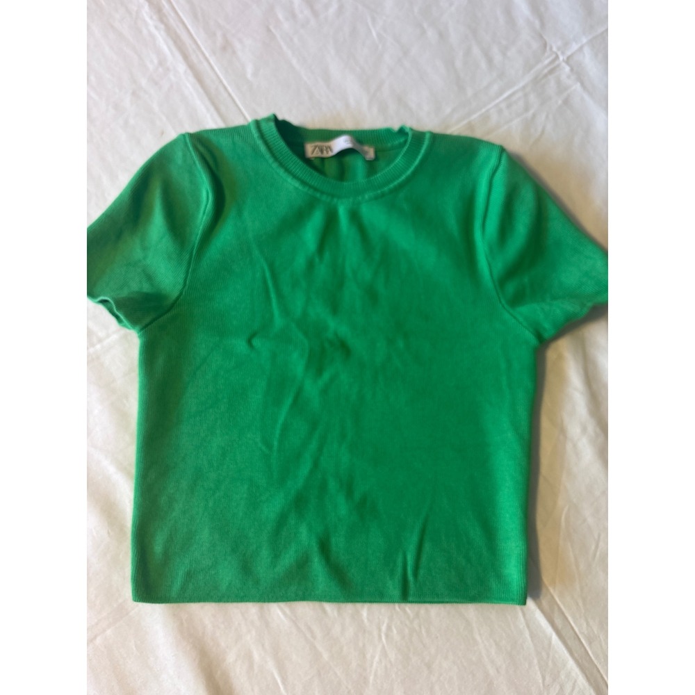 Zara Knit Top Womens Medium Green Short Sleeve Ribbed Crew Neck 3390